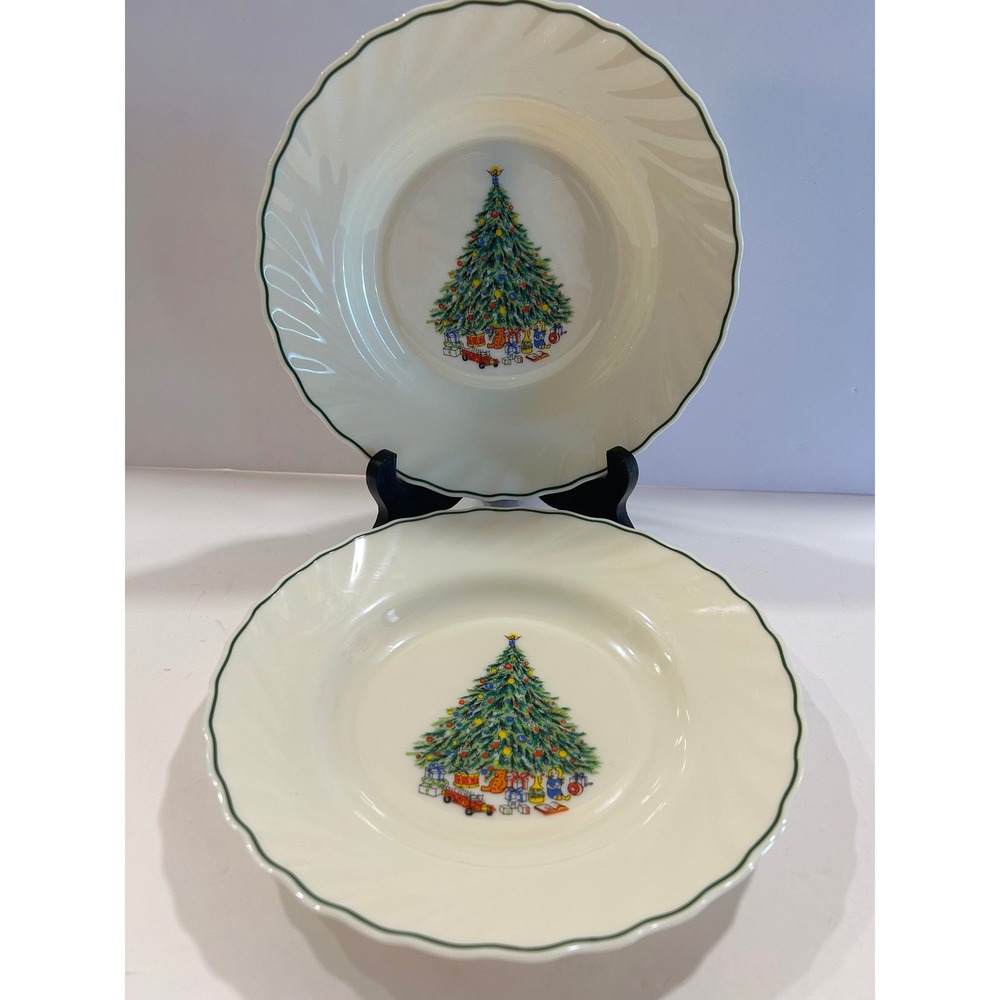 Salem China Noel Porcelle Christmas Tree Soup Bowls Set of 2 Green Trim Swirl